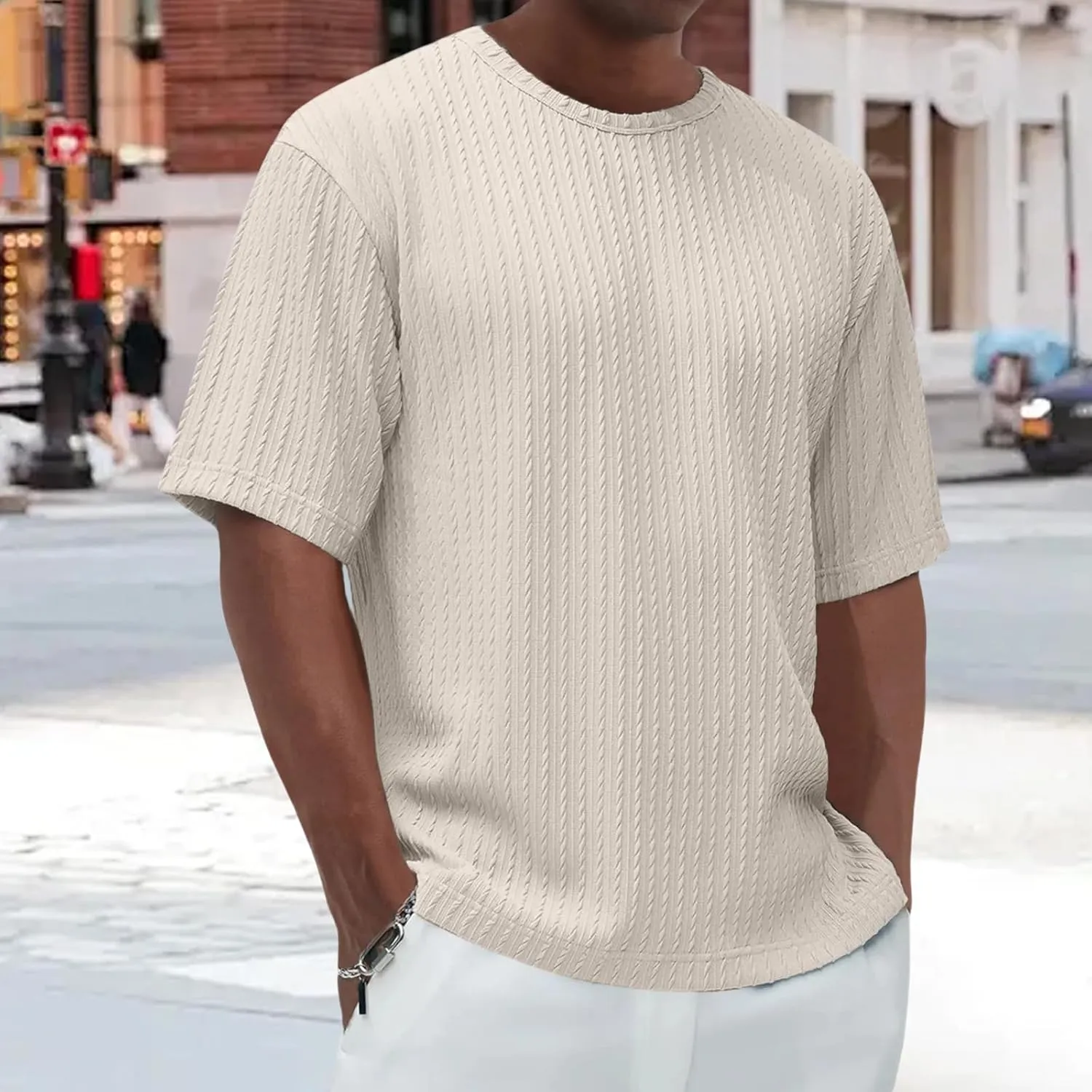 Casual Crewneck T Shirts for Men Classic Jacquard Athletic Tee Fashion Slim Fit Basic Tee Outdoor Hiking Travel Tops