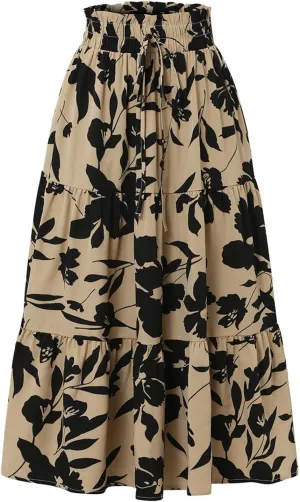 Casual Long Maxi Skirt for Women Summer Trendy Flowy Drawstring High Waist A-Line Floral Boho Skirts Versatile