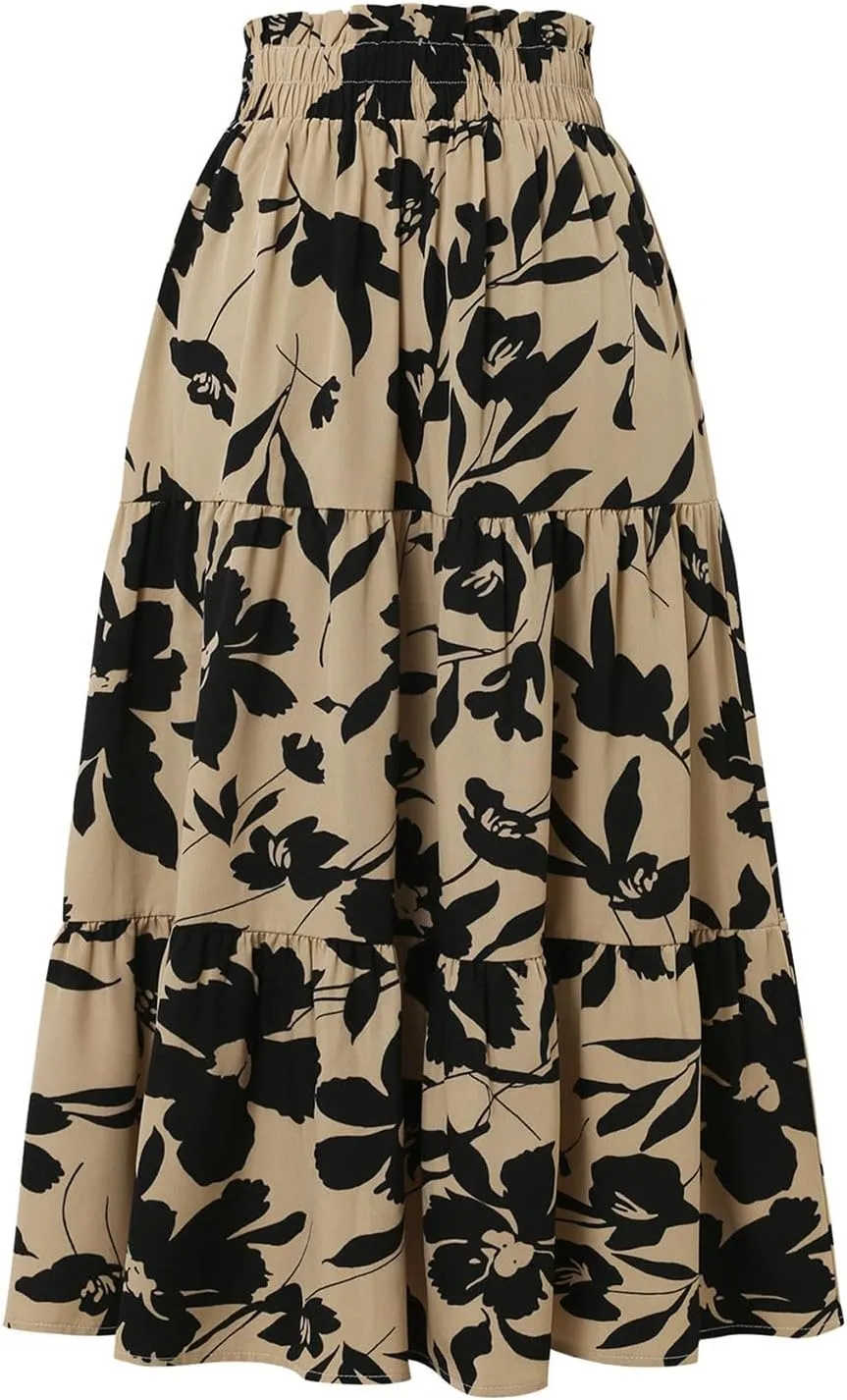 Casual Long Maxi Skirt for Women Summer Trendy Flowy Drawstring High Waist A-Line Floral Boho Skirts Versatile