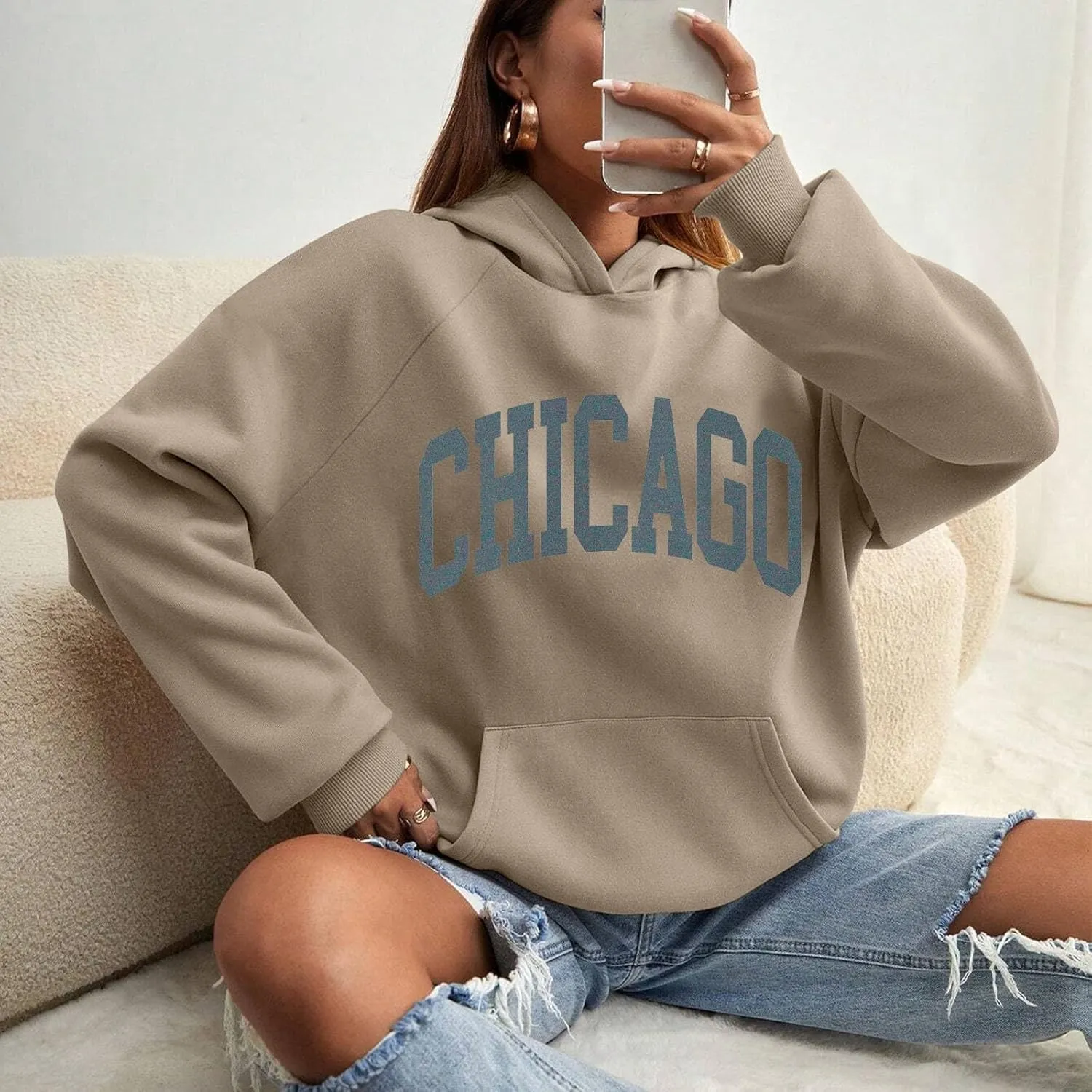 Chicago Hoodies for Women Cozy Sweatshirt Y2K Crewneck Long Sleeve Pullover Oversized Hoodie with Pockets