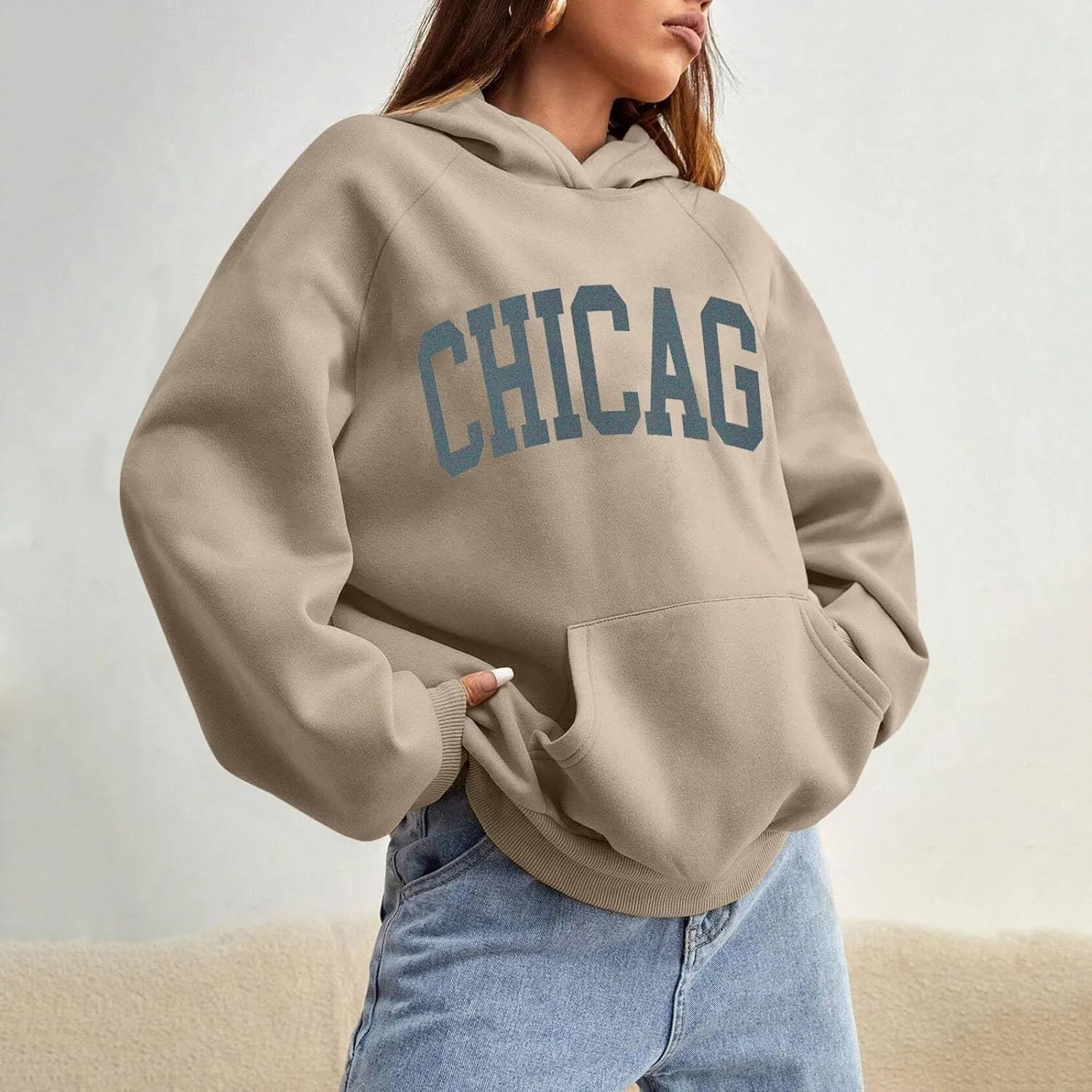 Chicago Hoodies for Women Cozy Sweatshirt Y2K Crewneck Long Sleeve Pullover Oversized Hoodie with Pockets