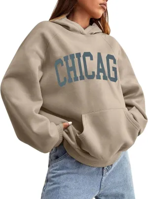 Chicago Hoodies for Women Cozy Sweatshirt Y2K Crewneck Long Sleeve Pullover Oversized Hoodie with Pockets