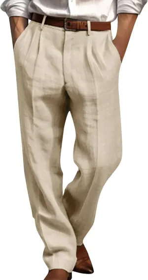 Chino Linen Pants for Men Wide Leg Elastic Waist Pants Breathable Big and Tall Plain Beach Trousers