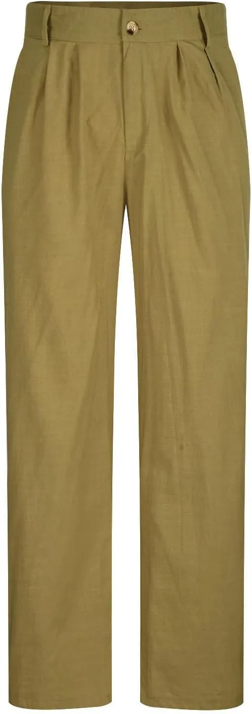 Chino Linen Pants for Men Wide Leg Elastic Waist Pants Breathable Big and Tall Plain Beach Trousers