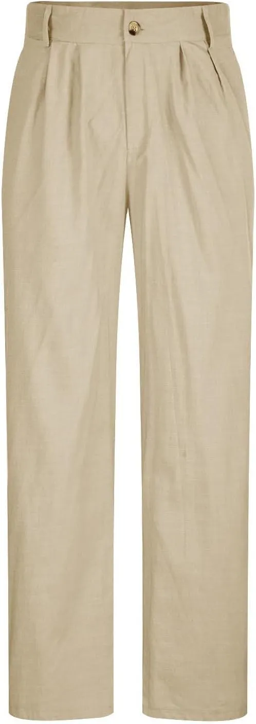 Chino Linen Pants for Men Wide Leg Elastic Waist Pants Breathable Big and Tall Plain Beach Trousers
