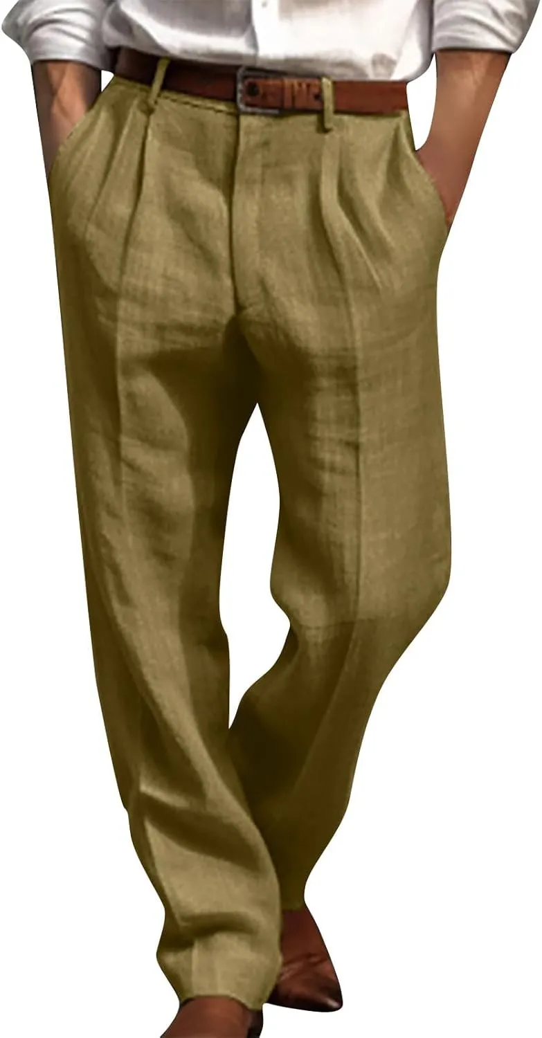 Chino Linen Pants for Men Wide Leg Elastic Waist Pants Breathable Big and Tall Plain Beach Trousers