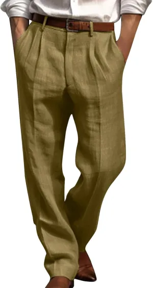 Chino Linen Pants for Men Wide Leg Elastic Waist Pants Breathable Big and Tall Plain Beach Trousers