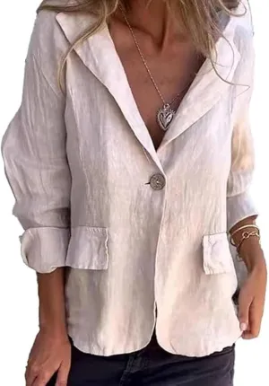 Cotton and Linen Casual Lapel Single-Button Thin CoatLinen Blazer Women Lightweight 3/4 Sleeve Summer Lapel Jackets