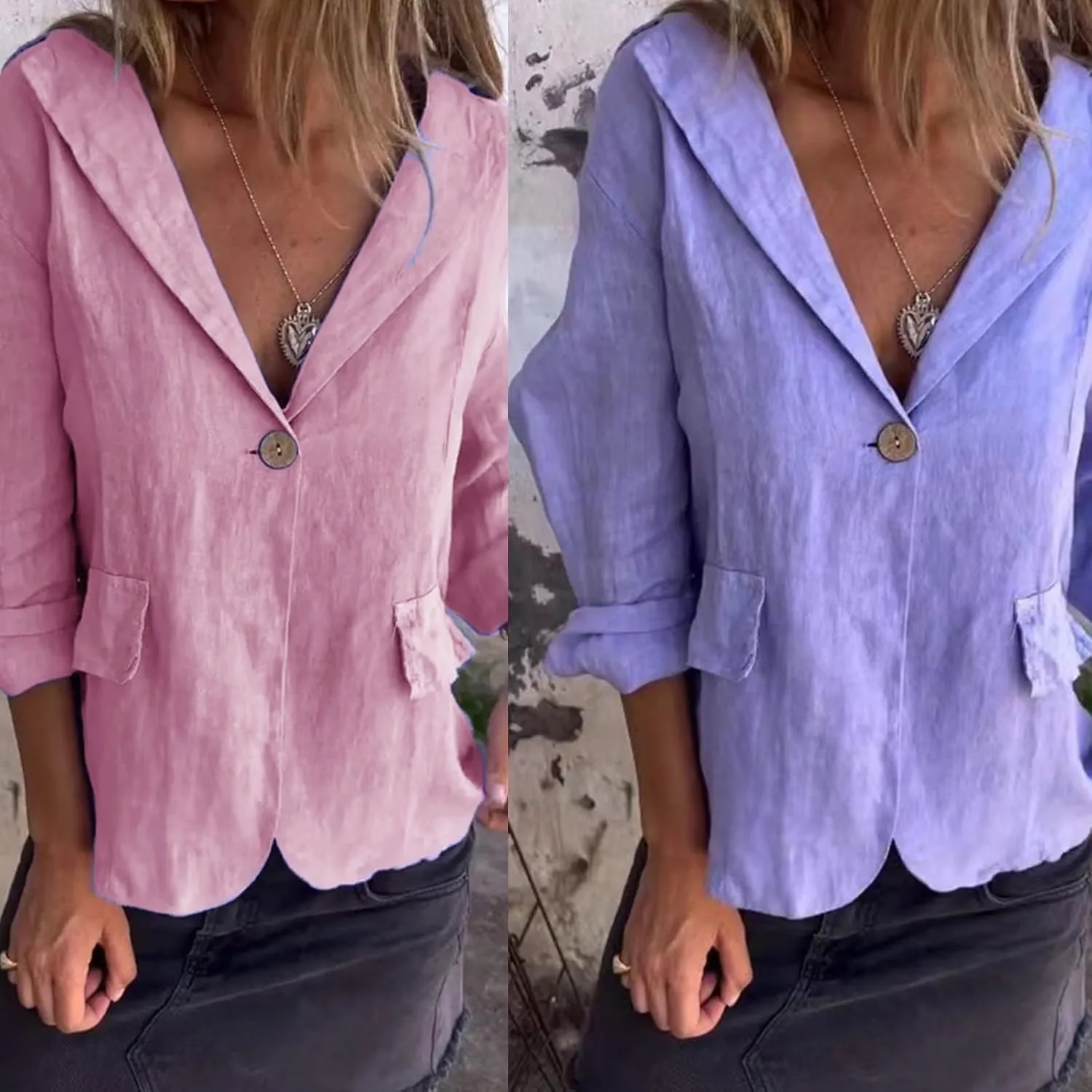Cotton and Linen Casual Lapel Single-Button Thin CoatLinen Blazer Women Lightweight 3/4 Sleeve Summer Lapel Jackets