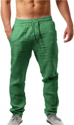 Cotton Linen Yoga Pants Men Casual Elastic Waist Summer Beach Pants Lightweight Breathable Yoga Vacation Trousers