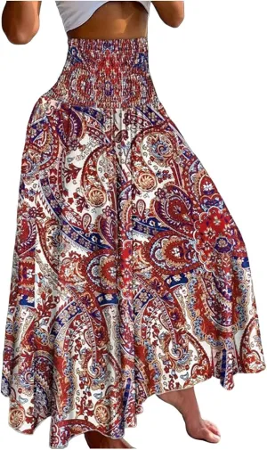 Cute Skirts for Women Trendy High Elastic Waist Paisley Print Loose Pleated Long Flowy Maxi Skirts Ladies Boha Dress