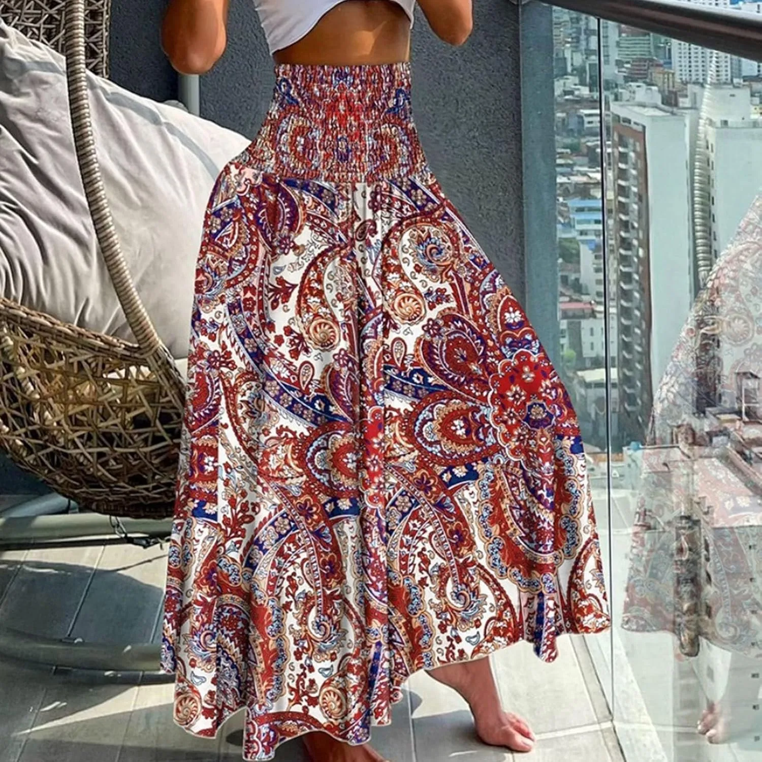 Cute Skirts for Women Trendy High Elastic Waist Paisley Print Loose Pleated Long Flowy Maxi Skirts Ladies Boha Dress