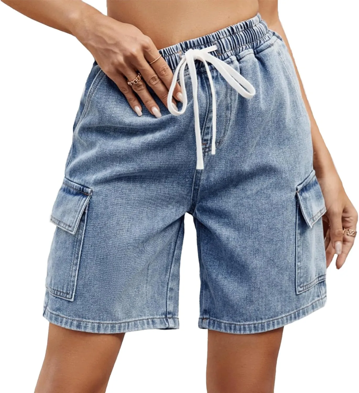 Denim Shorts for Women Cargo Drawstring Loose Casual Jean Shorts Bermuda Elastic High Waisted Jorts with Pockets