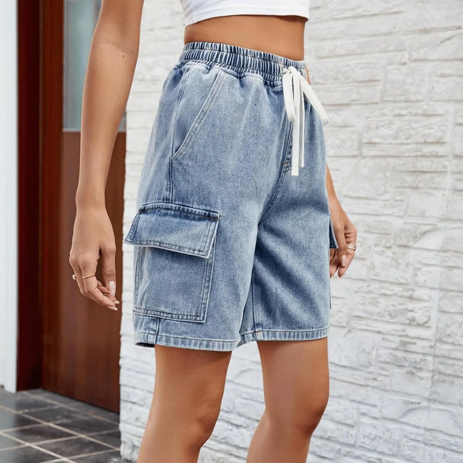 Denim Shorts for Women Cargo Drawstring Loose Casual Jean Shorts Bermuda Elastic High Waisted Jorts with Pockets