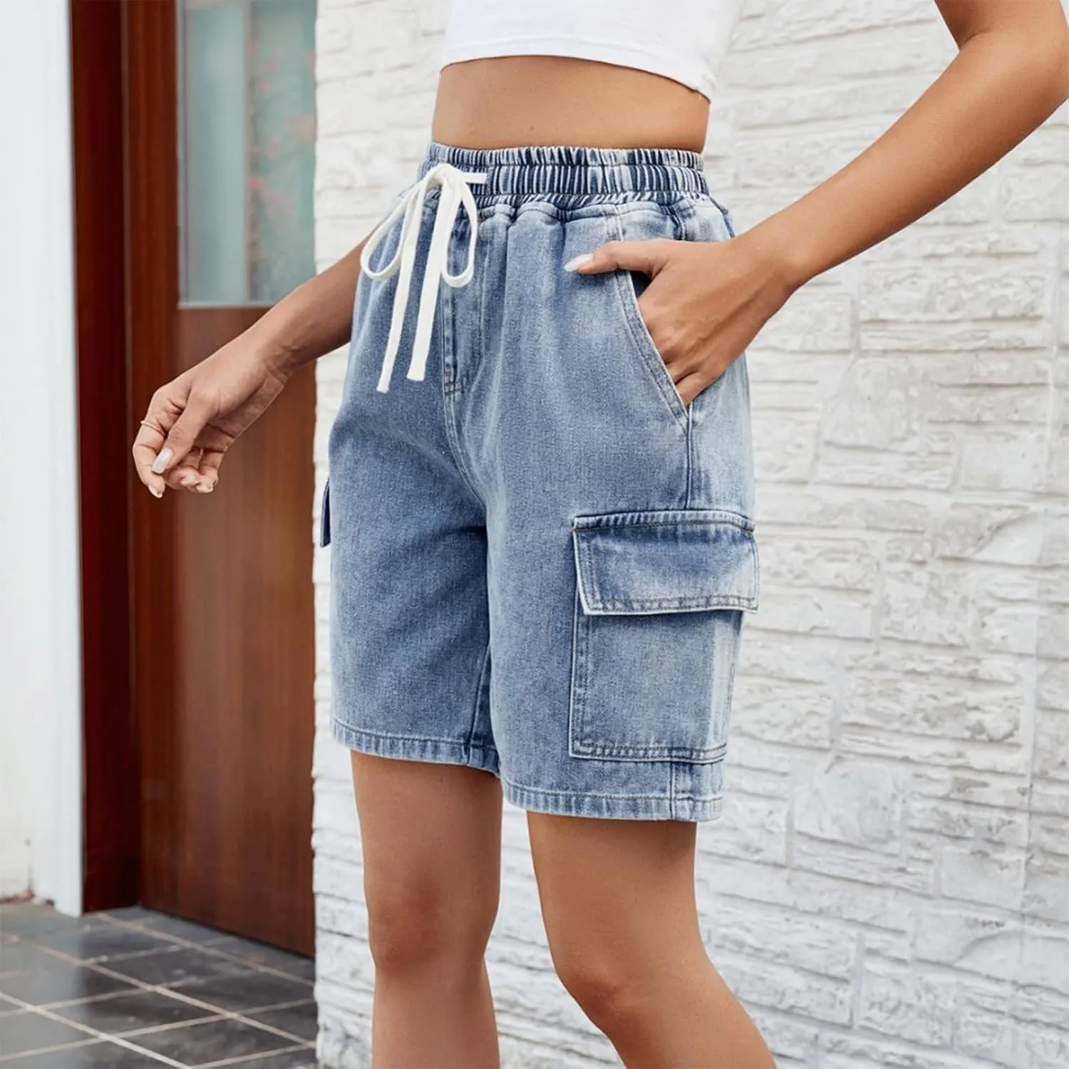 Denim Shorts for Women Cargo Drawstring Loose Casual Jean Shorts Bermuda Elastic High Waisted Jorts with Pockets
