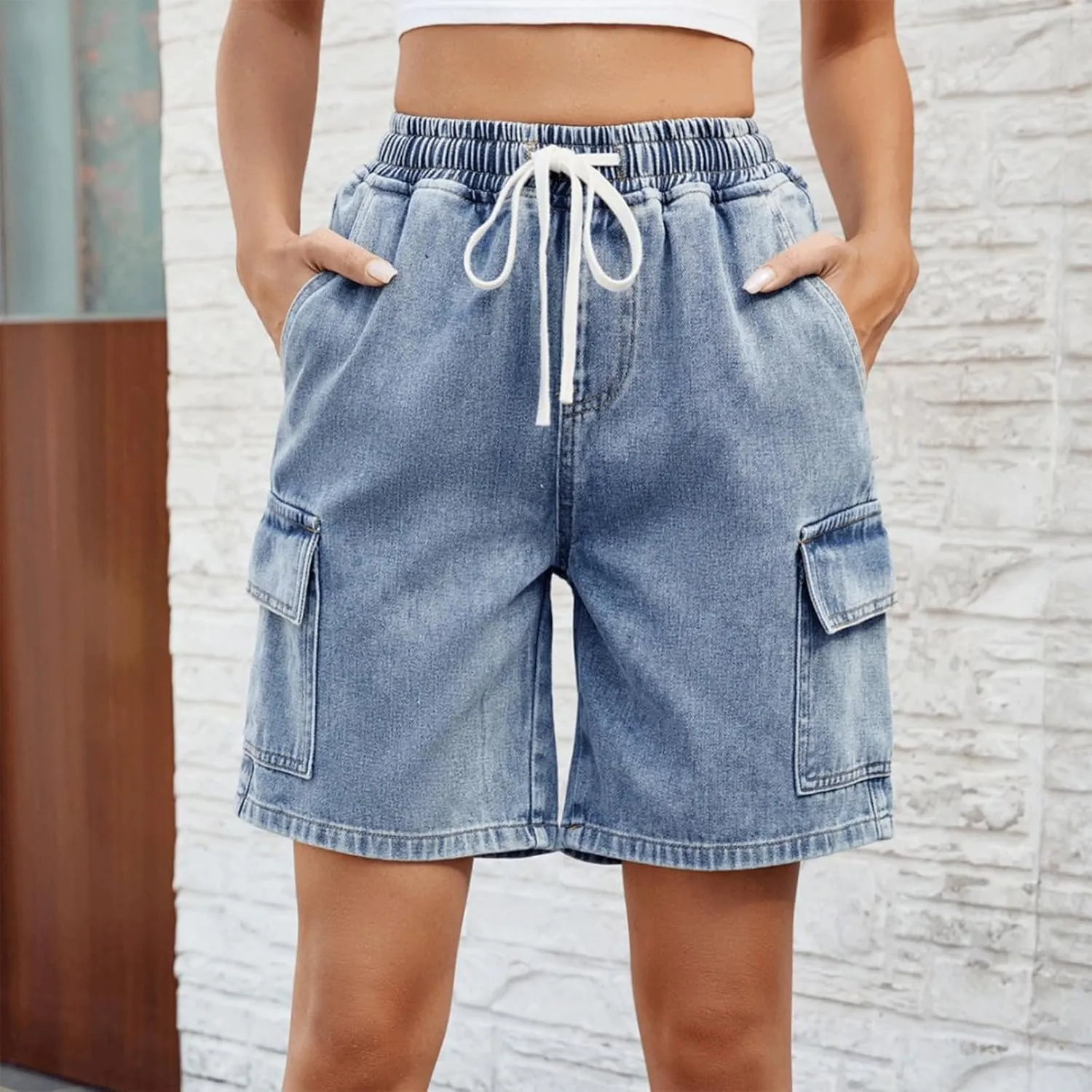 Denim Shorts for Women Cargo Drawstring Loose Casual Jean Shorts Bermuda Elastic High Waisted Jorts with Pockets