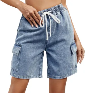 Denim Shorts for Women Cargo Drawstring Loose Casual Jean Shorts Bermuda Elastic High Waisted Jorts with Pockets