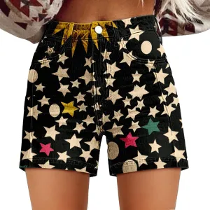 Denim Shorts for Women Vintage Boho Floral Print Denim Jeans Casual High Waist Slim Bermuda Short Retro Y2K Streetwear