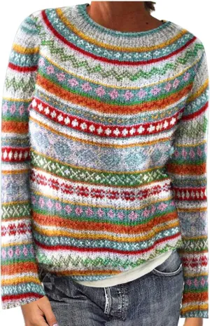 Fair Isle Sweater Women Fall Winter Vintage Knitted Patterned Sweater Crewneck Colorful Striped Knit Pullover Tops