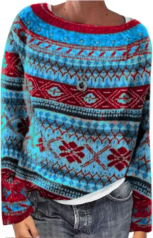 Fair Isle Sweater Women Fall Winter Vintage Knitted Patterned Sweater Crewneck Colorful Striped Knit Pullover Tops