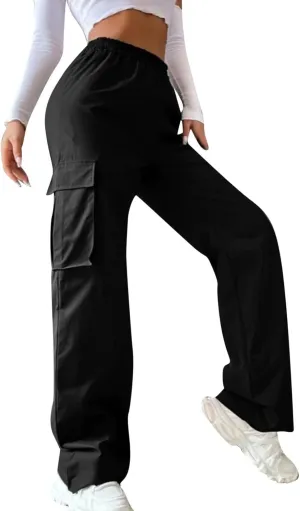 fanmpghleoo Cargo Pants Women Baggy High Waisted Wide Leg Pants Casual Elastic Waist Pull On Carpenter Pants with Pockets