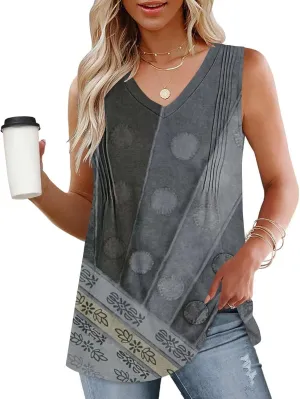 Fashion Vintage Print Sleeveless Shirts for Women, Summer Loose Casual Vacation Clothes Lightweight Comfy V-Neck Tops