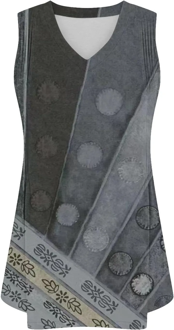 Fashion Vintage Print Sleeveless Shirts for Women, Summer Loose Casual Vacation Clothes Lightweight Comfy V-Neck Tops