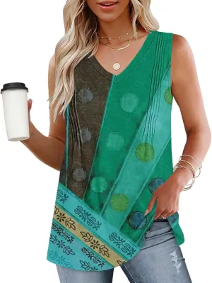 Fashion Vintage Print Sleeveless Shirts for Women, Summer Loose Casual Vacation Clothes Lightweight Comfy V-Neck Tops