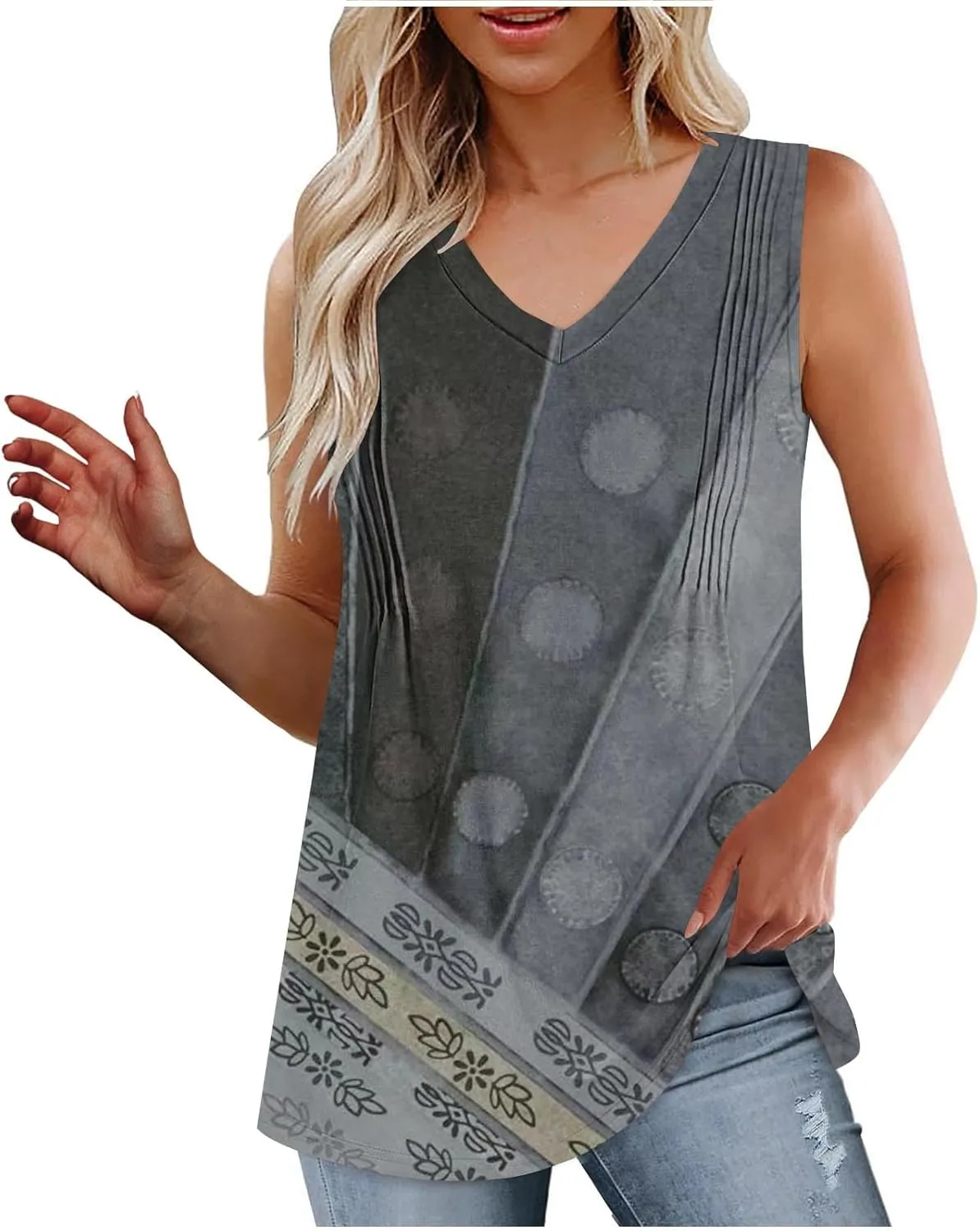 Fashion Vintage Print Sleeveless Shirts for Women, Summer Loose Casual Vacation Clothes Lightweight Comfy V-Neck Tops