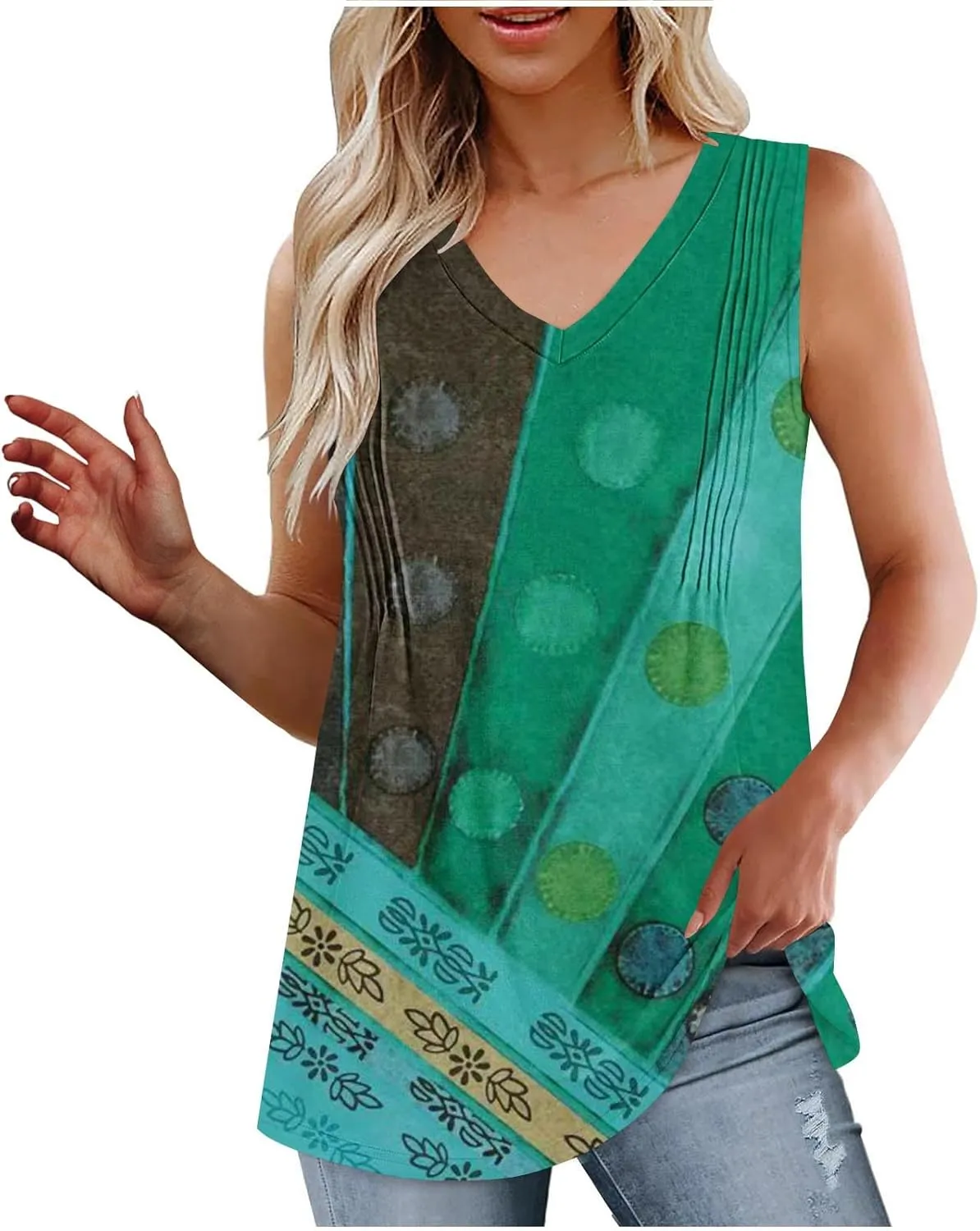 Fashion Vintage Print Sleeveless Shirts for Women, Summer Loose Casual Vacation Clothes Lightweight Comfy V-Neck Tops