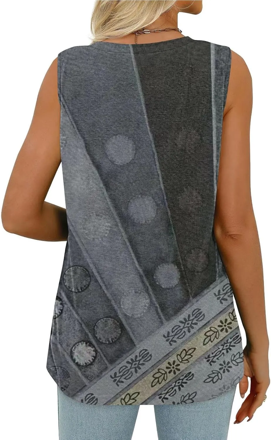 Fashion Vintage Print Sleeveless Shirts for Women, Summer Loose Casual Vacation Clothes Lightweight Comfy V-Neck Tops