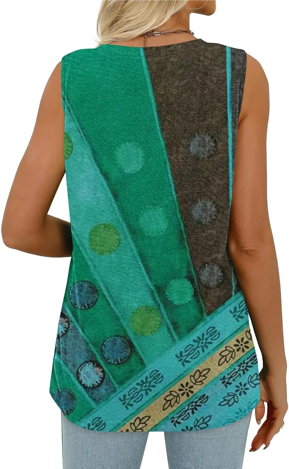 Fashion Vintage Print Sleeveless Shirts for Women, Summer Loose Casual Vacation Clothes Lightweight Comfy V-Neck Tops