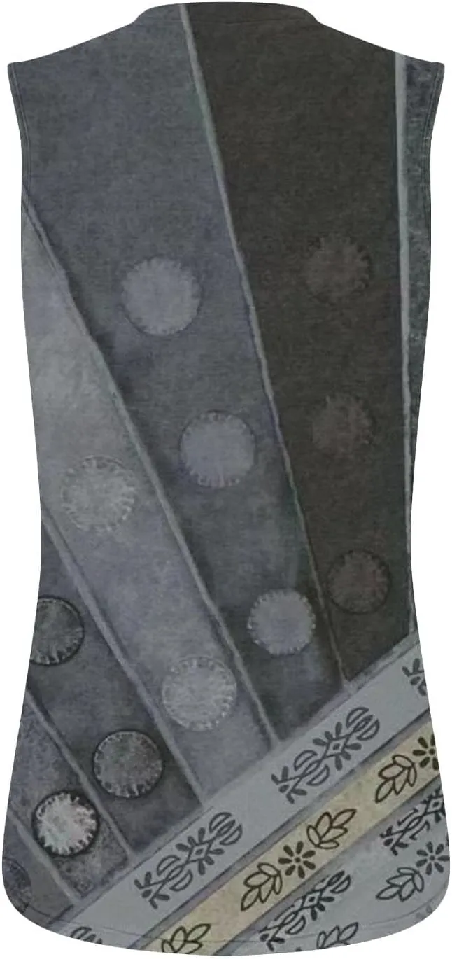 Fashion Vintage Print Sleeveless Shirts for Women, Summer Loose Casual Vacation Clothes Lightweight Comfy V-Neck Tops