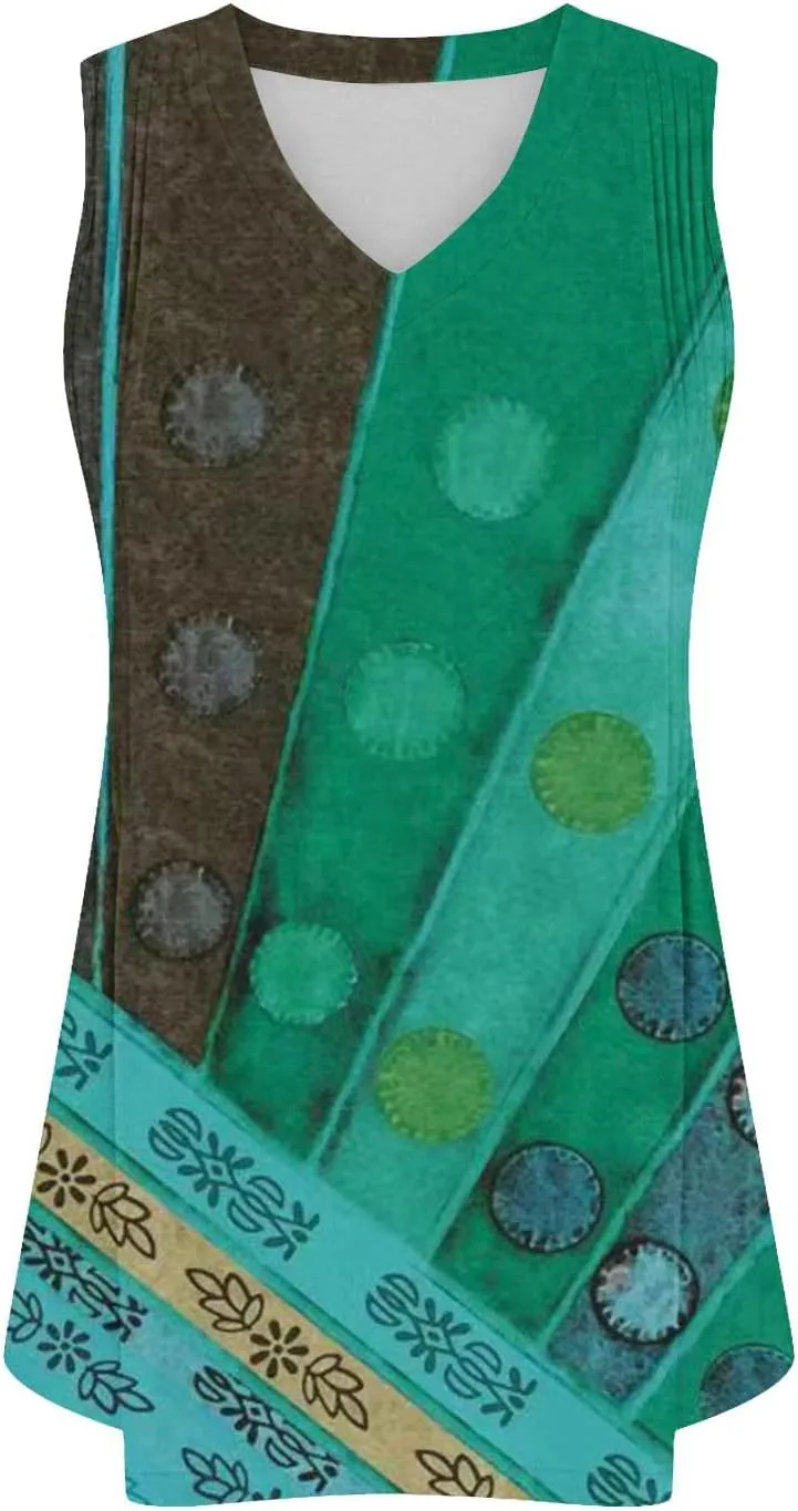 Fashion Vintage Print Sleeveless Shirts for Women, Summer Loose Casual Vacation Clothes Lightweight Comfy V-Neck Tops
