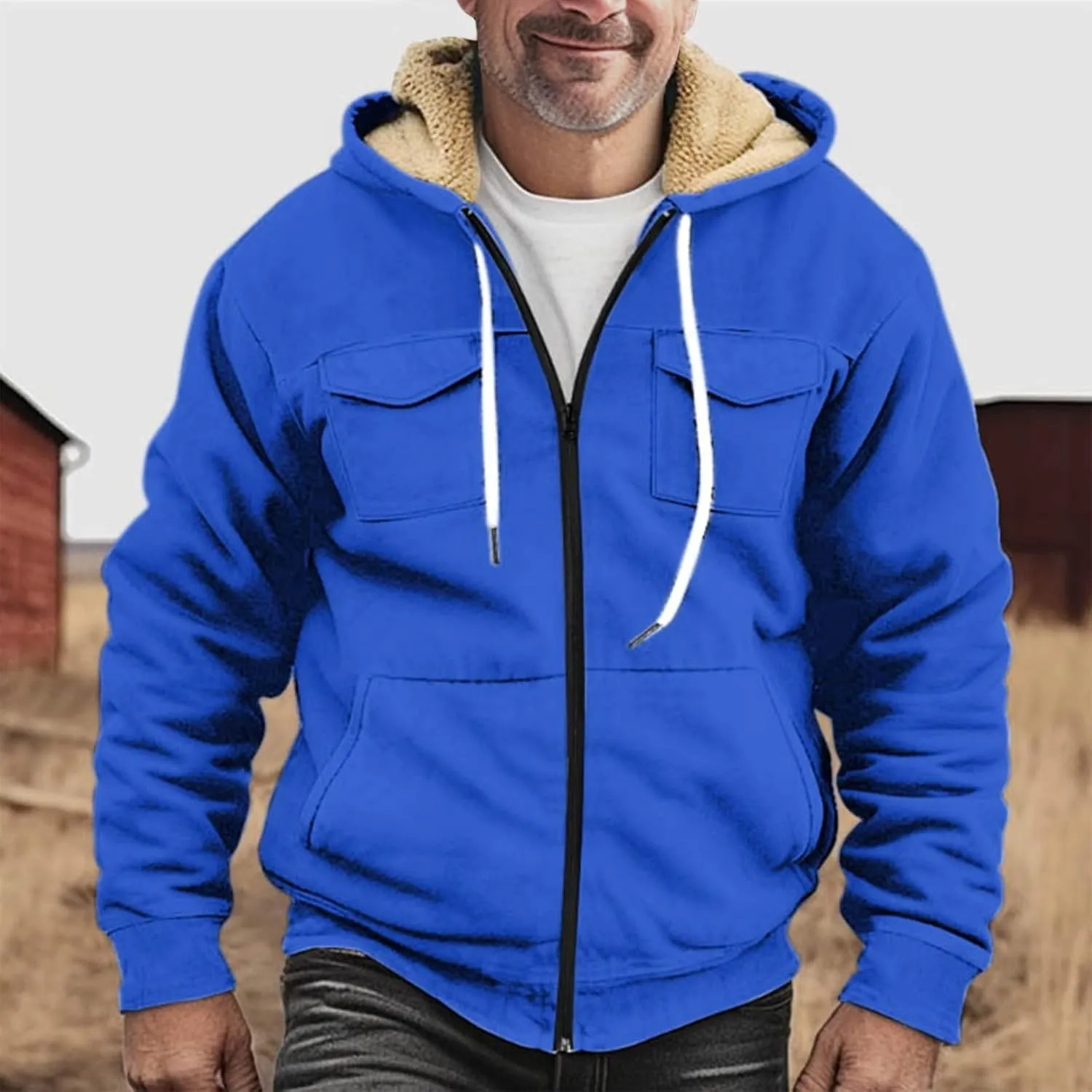 Flannel Jacket for Mens Long Sleeve Zipper Jackets Sherpa Fleece Lined Vintage Print Coats Casual Loose Hoodies