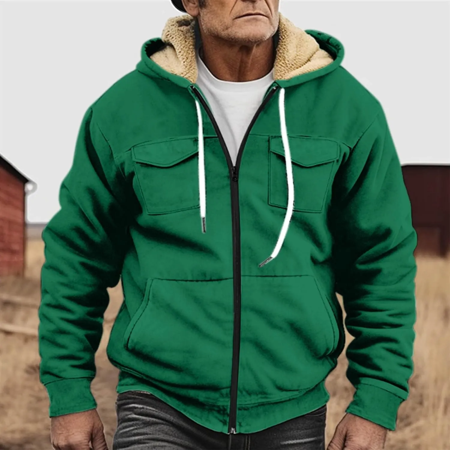 Flannel Jacket for Mens Long Sleeve Zipper Jackets Sherpa Fleece Lined Vintage Print Coats Casual Loose Hoodies