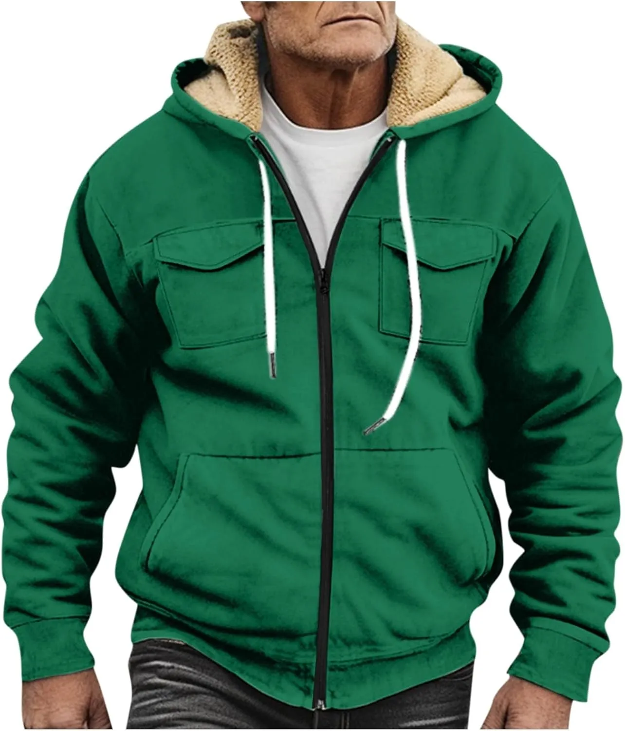 Flannel Jacket for Mens Long Sleeve Zipper Jackets Sherpa Fleece Lined Vintage Print Coats Casual Loose Hoodies