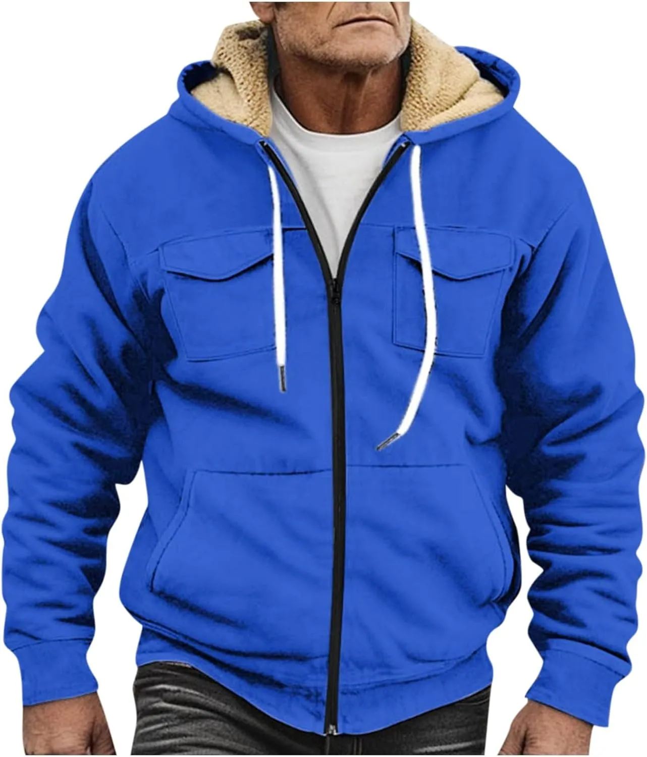 Flannel Jacket for Mens Long Sleeve Zipper Jackets Sherpa Fleece Lined Vintage Print Coats Casual Loose Hoodies