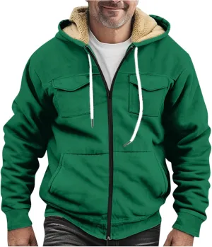 Flannel Jacket for Mens Long Sleeve Zipper Jackets Sherpa Fleece Lined Vintage Print Coats Casual Loose Hoodies