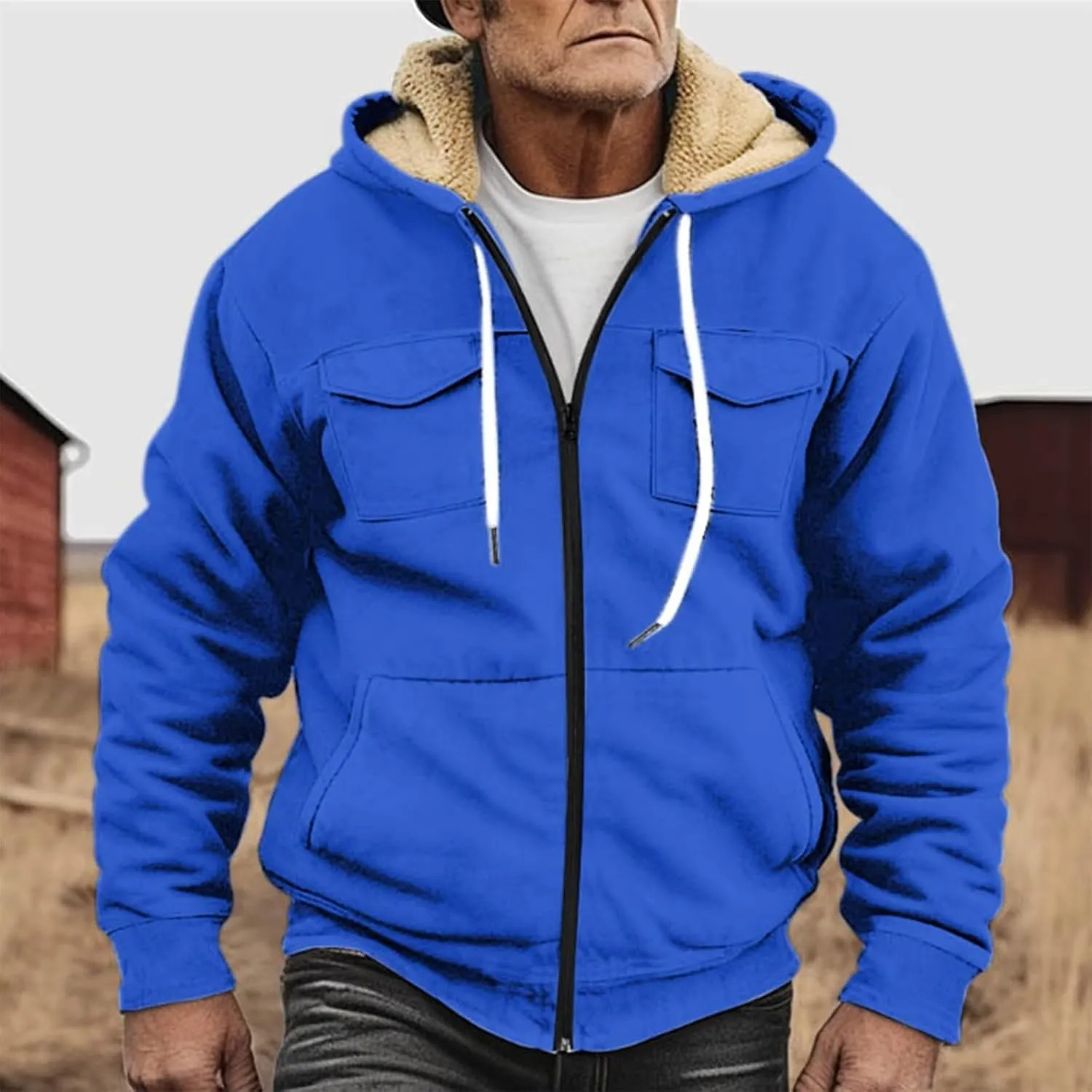 Flannel Jacket for Mens Long Sleeve Zipper Jackets Sherpa Fleece Lined Vintage Print Coats Casual Loose Hoodies