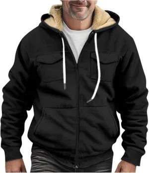 Flannel Jacket for Mens Long Sleeve Zipper Jackets Sherpa Fleece Lined Vintage Print Coats Casual Loose Hoodies