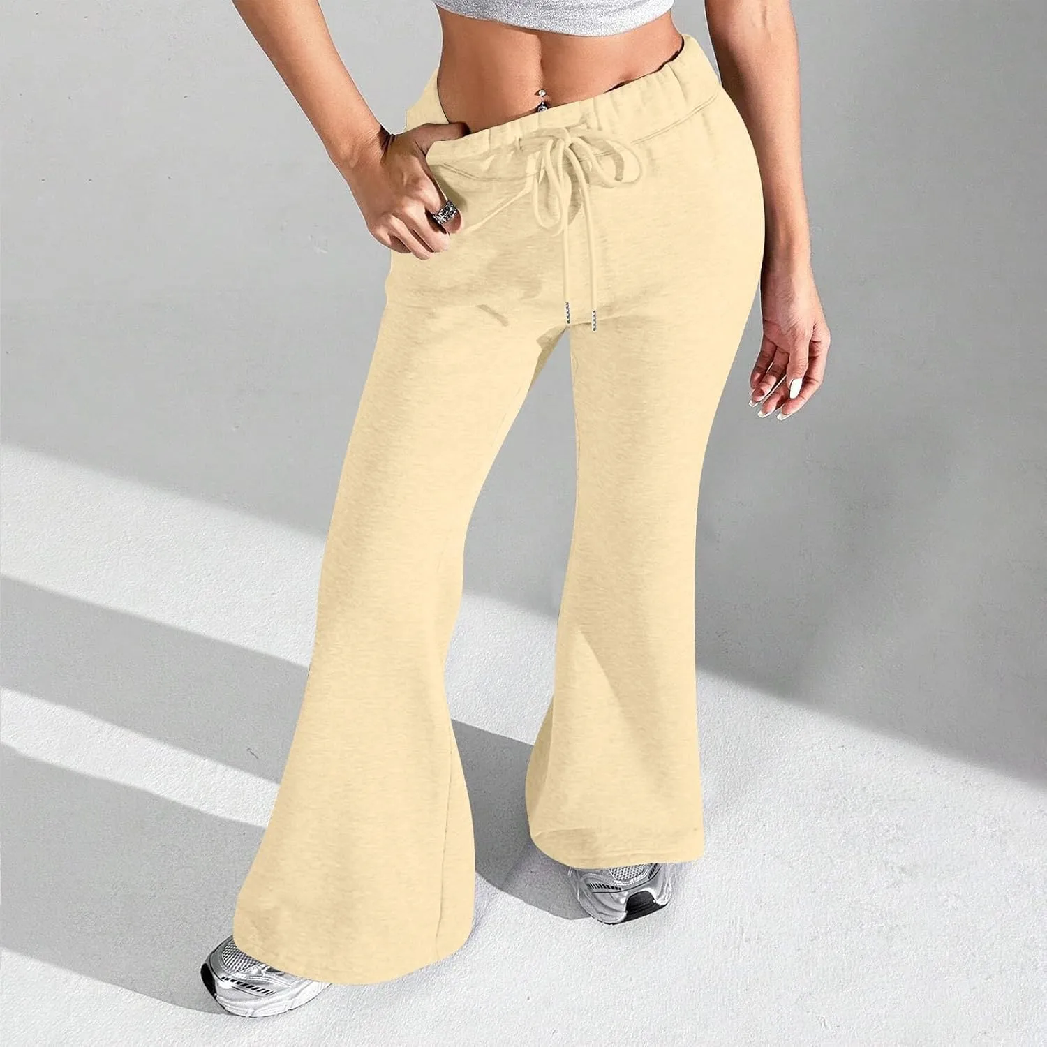 Fleece Lined Sweatpants Women Y2k Flare Wide Leg Yoga Pants with Pockets Loose Fit Elastic High Waisted Track Pants