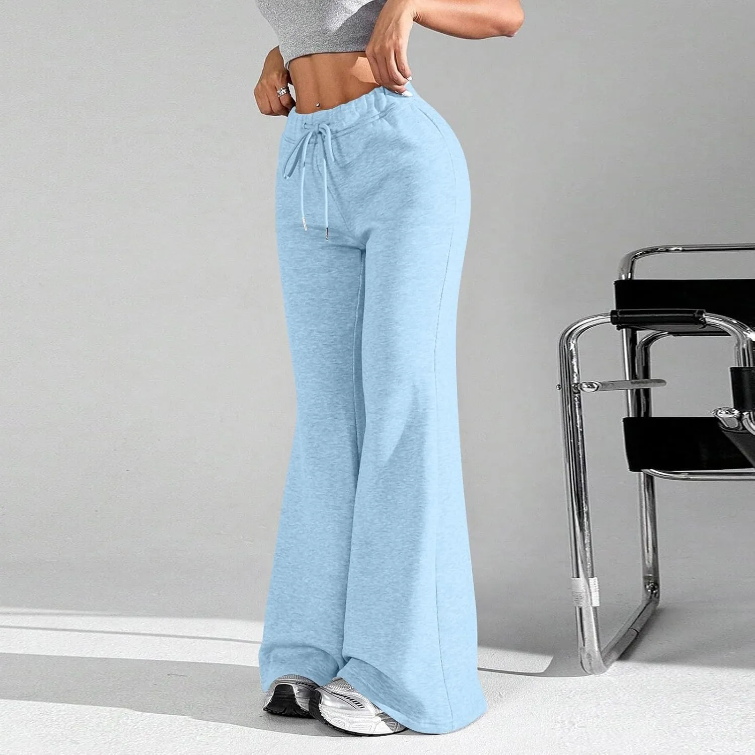 Fleece Lined Sweatpants Women Y2k Flare Wide Leg Yoga Pants with Pockets Loose Fit Elastic High Waisted Track Pants
