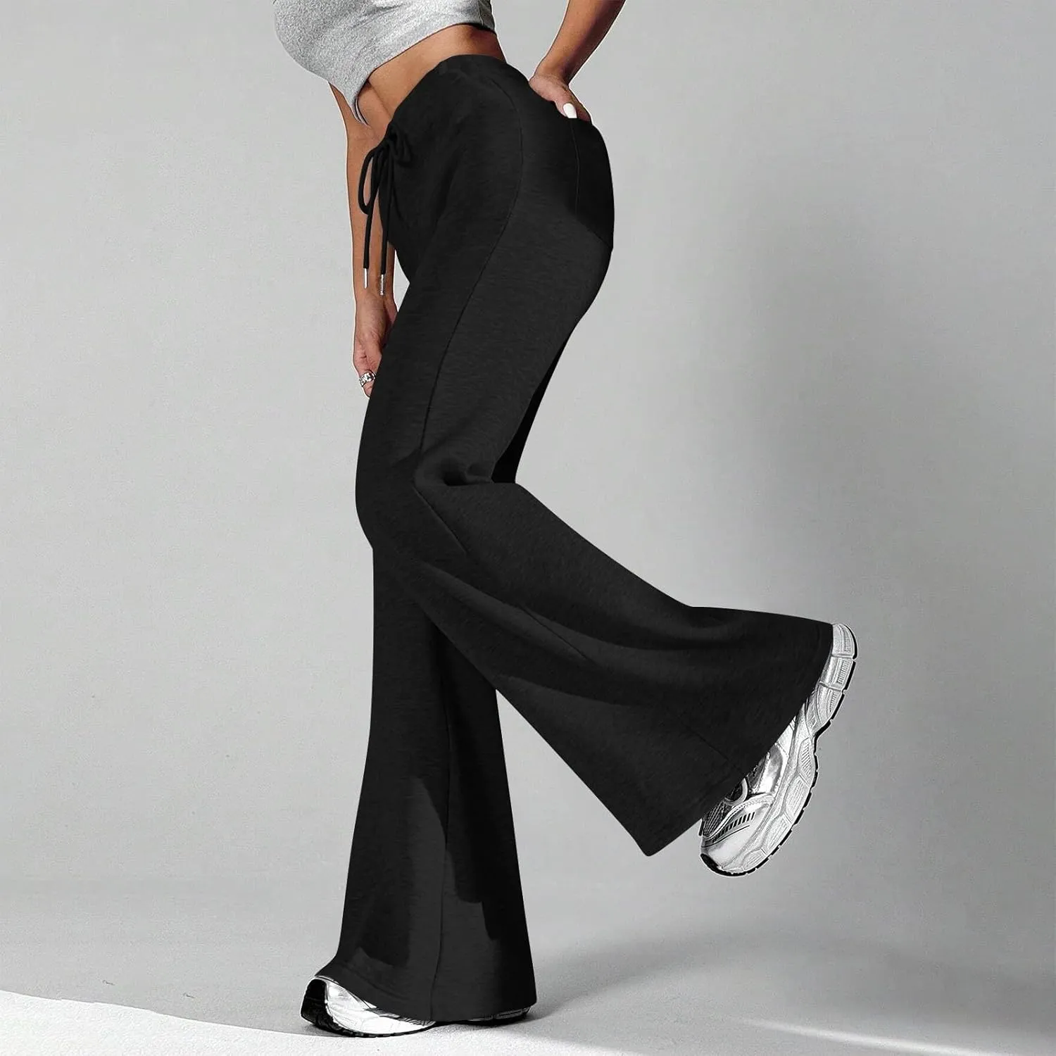 Fleece Lined Sweatpants Women Y2k Flare Wide Leg Yoga Pants with Pockets Loose Fit Elastic High Waisted Track Pants