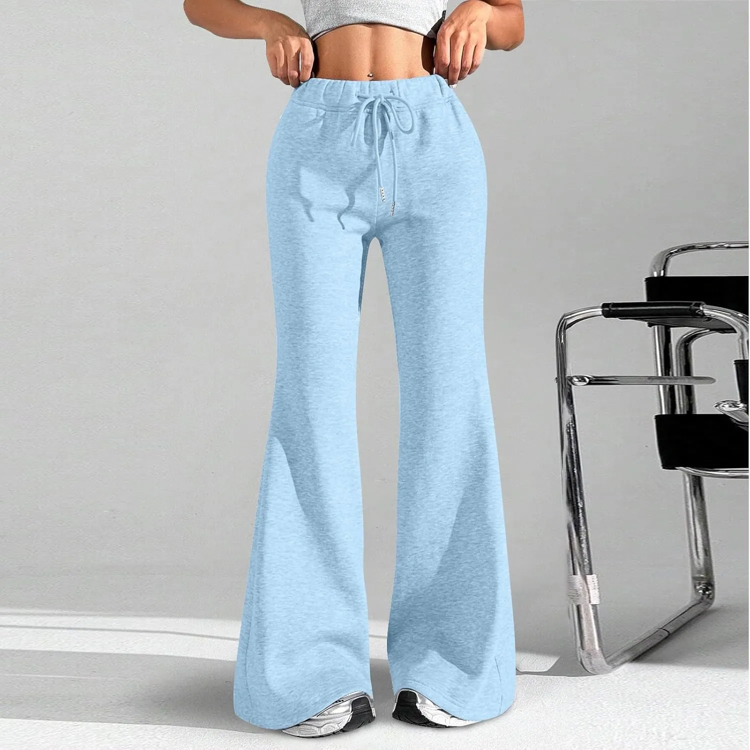 Fleece Lined Sweatpants Women Y2k Flare Wide Leg Yoga Pants with Pockets Loose Fit Elastic High Waisted Track Pants