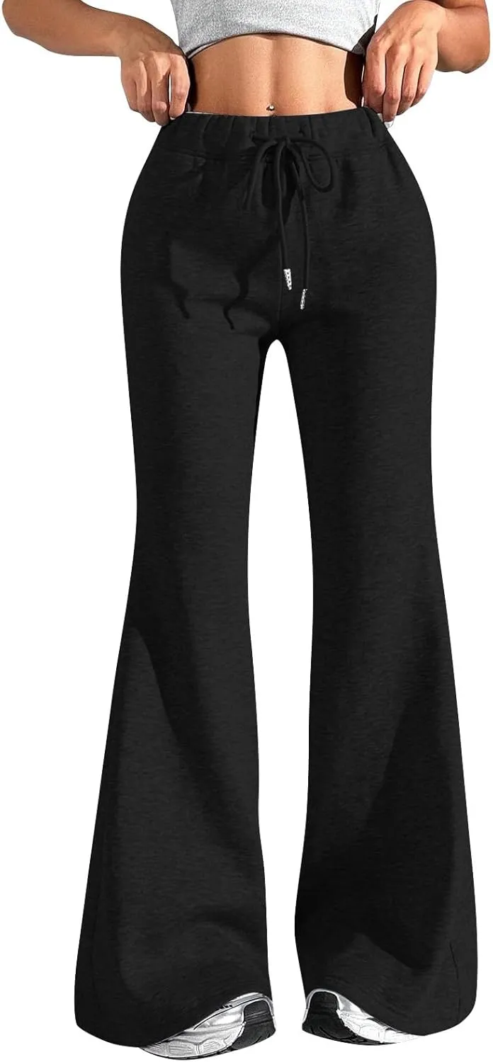 Fleece Lined Sweatpants Women Y2k Flare Wide Leg Yoga Pants with Pockets Loose Fit Elastic High Waisted Track Pants