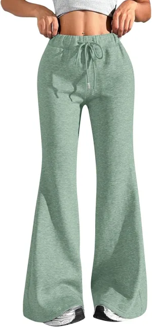 Fleece Lined Sweatpants Women Y2k Flare Wide Leg Yoga Pants with Pockets Loose Fit Elastic High Waisted Track Pants