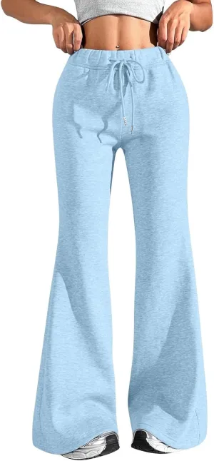 Fleece Lined Sweatpants Women Y2k Flare Wide Leg Yoga Pants with Pockets Loose Fit Elastic High Waisted Track Pants