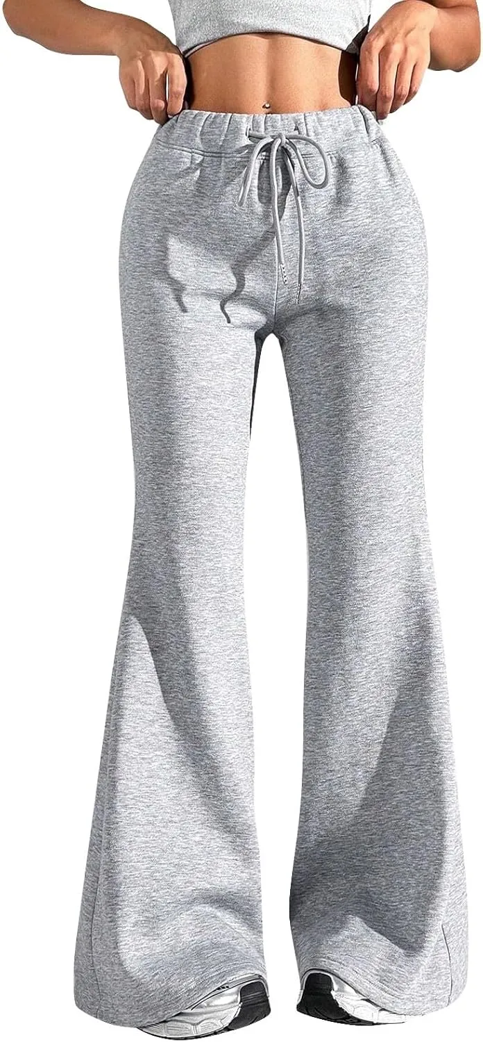 Fleece Lined Sweatpants Women Y2k Flare Wide Leg Yoga Pants with Pockets Loose Fit Elastic High Waisted Track Pants