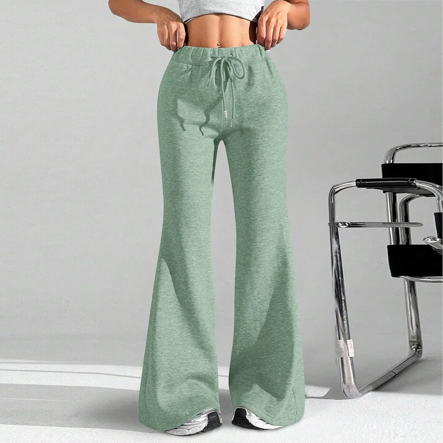Fleece Lined Sweatpants Women Y2k Flare Wide Leg Yoga Pants with Pockets Loose Fit Elastic High Waisted Track Pants